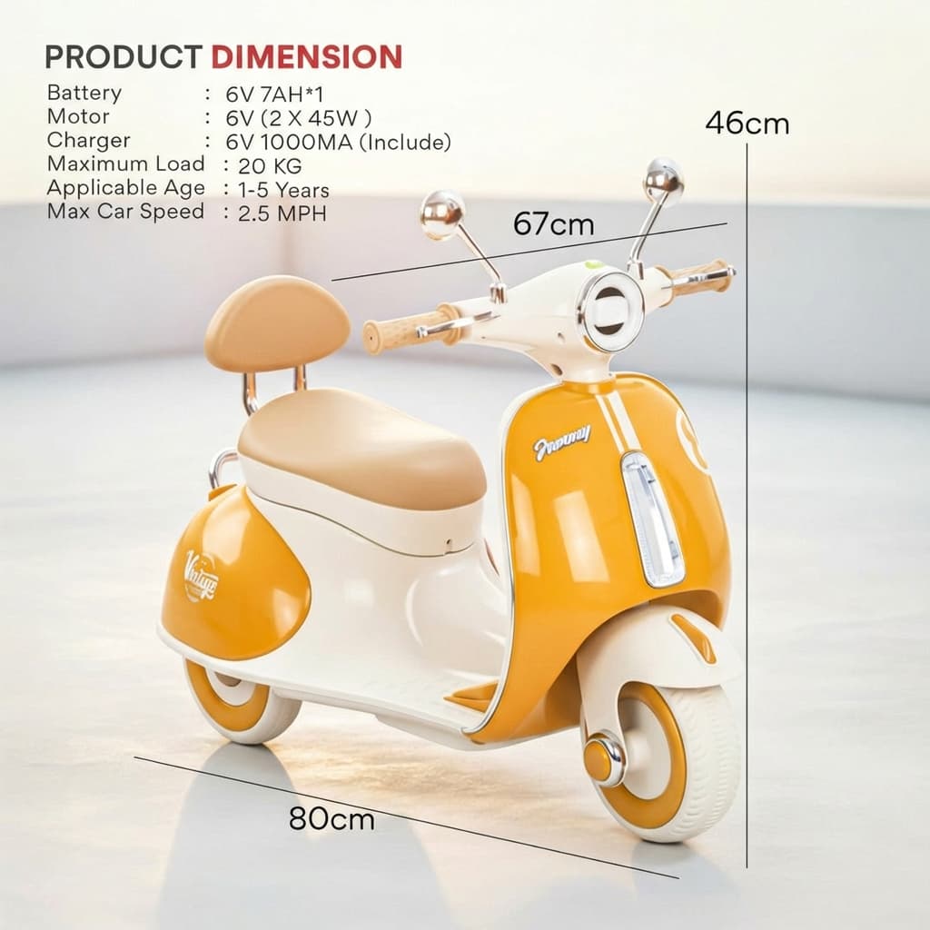 ABC Toyz Vintage 6V Dual Motor Vespa Kids Scooty - View 15